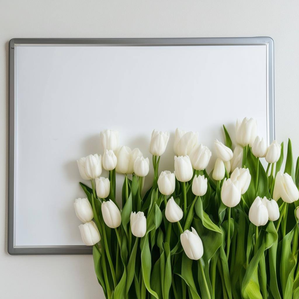 a minimialist white board in a media marketing agency with white tulips as decoration