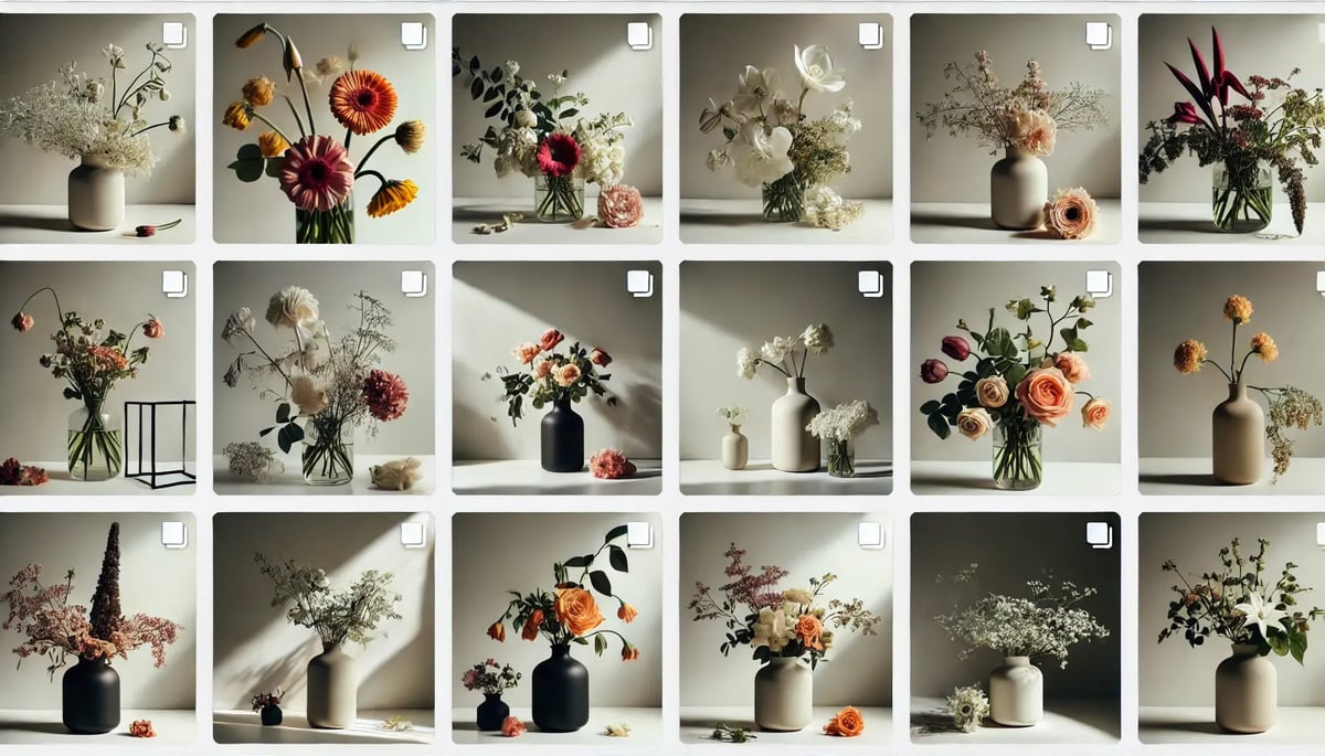 DALL·E 2024-10-14 16.20.03 - An Instagram feed collage for a minimalist florist brand showcasing flowers and elegant floral arrangements, without any text overlays. The collage fe